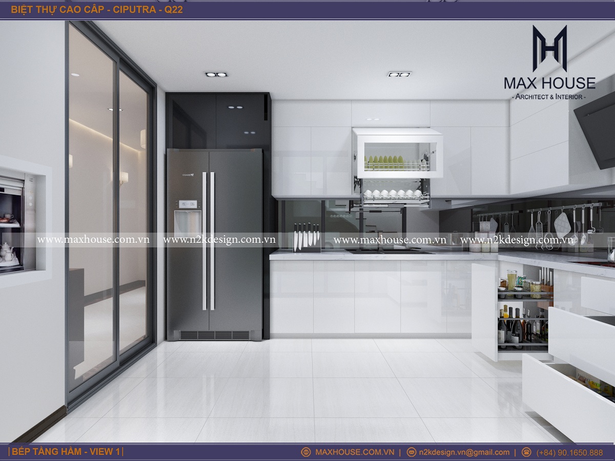 Không gian phòng bếp sáng sủa với tone màu trắng chủ đạo. Thiết kế phòng bếp tối giản khi sử dụng các tủ đồ thông minh để tạo được độ thoáng và gọn gàng.